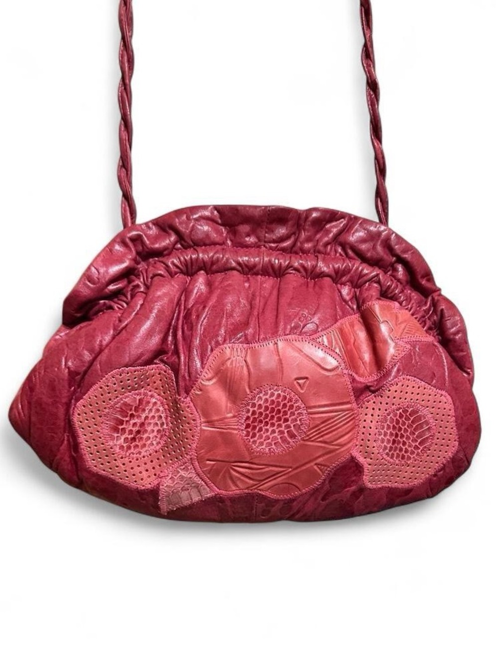Vintage 80s Patchwork Mauve Soft Leather Bag with Floral Design